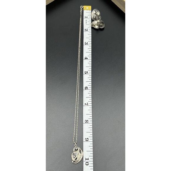 Vintage Estate 925 Sterling Silver Calla Lily Ornate Necklace & Clip on Earrings - Picture 15 of 15